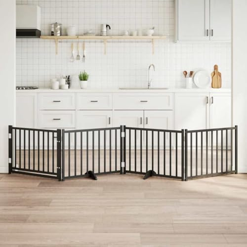 4-TLG. Hundetor faltbar aus massivem Tannenholz Schwarz 320 cm mit Tür freistehend für Welpenauslauf und Hundegitter Wohnung Laufstall Hund Sicherheit