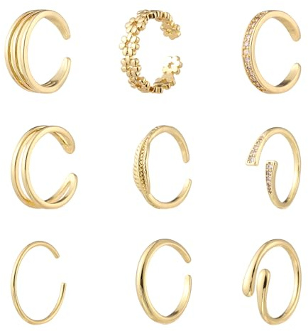 Mikovivi 9pcs Toe Rings for Women, Adjustable Open Toe Ring Set Hawaiian Summer Beach Foot Jewelry for Women (Gold-Tone)