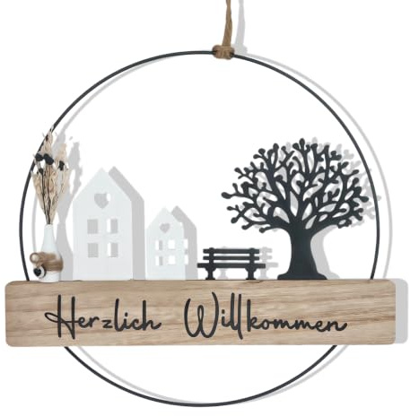 Zamety Türkranz Willkommen, Trockenblumenkranz Hängend, Türkranz Ganzjährig | Türkranz Außen mit Willkommensschild Haustür aus Holz, Trockenblumen & Haus für Homedeko Türdeko Eingänge Gärten, ø28cm
