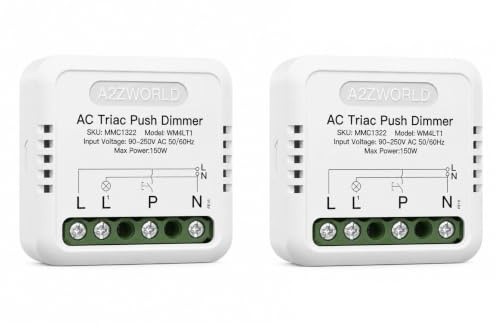 2 PCS Push AC TRIAC Dimmer 150W, Taglio di Fase 220V, Con Pulsante Riferito a Fase o a Neutro, Regolabile 10-100%, Sincronizzabile, Memoria, Da Incasso e Barra DIN, Per Led Dimmerabile