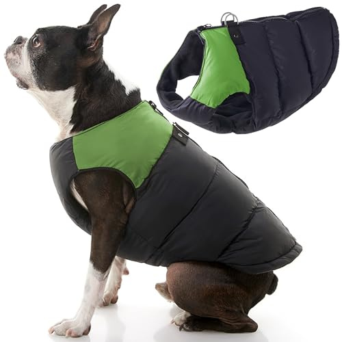 Gooby Grüne Hundejacke aus Polyester, Größe L, ab 6,8 kg, wasserabweisend, mit Fleece gefüttert, mit Ring für die Leine – Kaltwettermantel für kleine Rassen, Grün