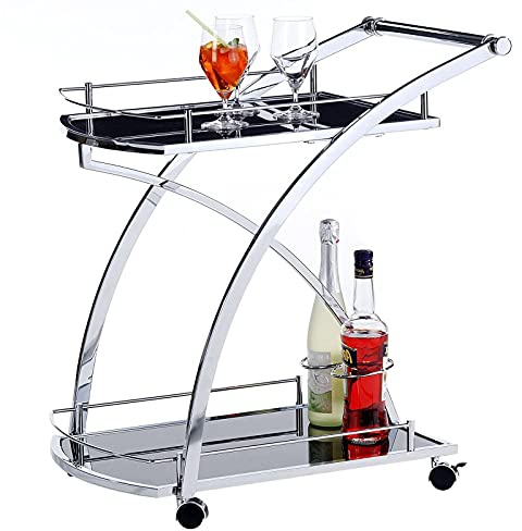 IDIMEX Chariot de Service Evo Chariot à thé et Boisson desserte de Cuisine à roulettes avec poignée en métal chromé, avec 2 Plateaux en Verre trempé Noir et Un Porte Bouteilles