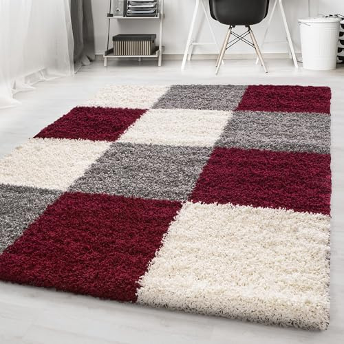 Carpetsale24 Hochflor Teppich Shaggy kariert 160x230 cm Rot, weich & flauschig, modernes Karo Muster, rechteckig, perfekt für Wohnzimmer, stilvolles Wohnaccessoire
