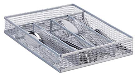 Relaxdays besticklåda metallfläta, bestickinsats öppen, tråddesign, storlek M, HBT: ca 5 x 23,5 x 31,7 cm, silver