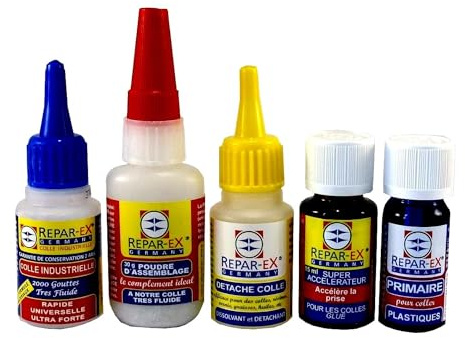 Kit de Collage Professionnel Repar-ex – Lot 5 Produits : Colle Extra-Forte, Poudre d’Assemblage, Accélérateur, Détache-Colle & Primaire – Fixation Ultra-Résistante Bois, Métal, Plastique & Verre