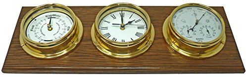 Tabic Brass Tide Clock, Roman Clock and Barometer with Built in Hygrometer and Thermometer, Heavy Lacquered Brass (1/2kg Each), 8.07in x 22.05in, Sailing Ship Yacht Boating, Handmade in England