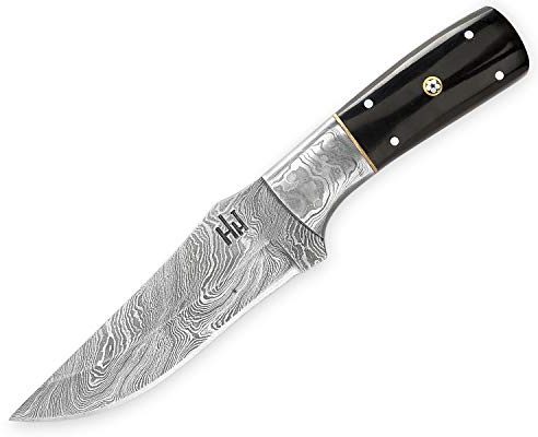 Hobby Hut HH-701, 21.6 cm Damast Jagdmesser mit Lederscheide, feststehende Full Tang Klinge, Damastmesser JagdmesserExtra Scharf,Buffalo Horn Griff, Scheide aus Leder