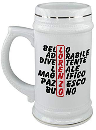 bubbleshirt Boccale da birra Compleanno - Lorenzo e aggettivi simpatici - evento - in ceramica - capienza 50 cl - idea regalo
