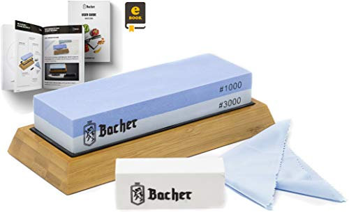 Bacher Premium Sharpening Stone. 2 Side Grit 1000/3000 Whetstone - Knife Sharpener Waterstone with Non-Slip Bamboo Base, Flattening Stone and Detailed eBook Guide