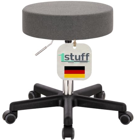 1stuff XL Profi Rollhocker, 40cm Sitzbreite, Sitzhöhe bis 70cm, Stoff | 1stuff-Qualität vom Fachhändler, Studiohocker höhenverstellbar, Drehhocker 360°, Bürohocker, große Sitzfläche, PU-Rollen