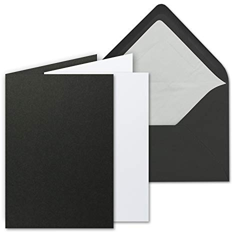 100 Sets - großes Kartenpaket, Schwarz (Schwarz), matt, mit 100 Faltkarten, passenden weißen Einlegeblättern & 100 gefütterten Umschlägen - DIN B6, 12 x 17 cm - 120 x 170 mm