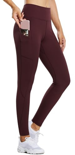 baleaf Thermo Leggings Damen Winter Leggings high Waist Sportleggings mit Taschen Leggings yogahose aus Fleece Winterhosen sind wasserdicht Weinrot M