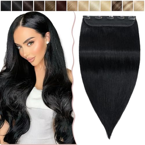 SEGO Haarverlängerungen Clip in Extensions DICKER 7A 100% Echtes menschliches Haar 1 Teilig 5 Clips Dichter Haarteil Remy Echthaar Glatt Schwarz#1-1 20(50cm)-95g