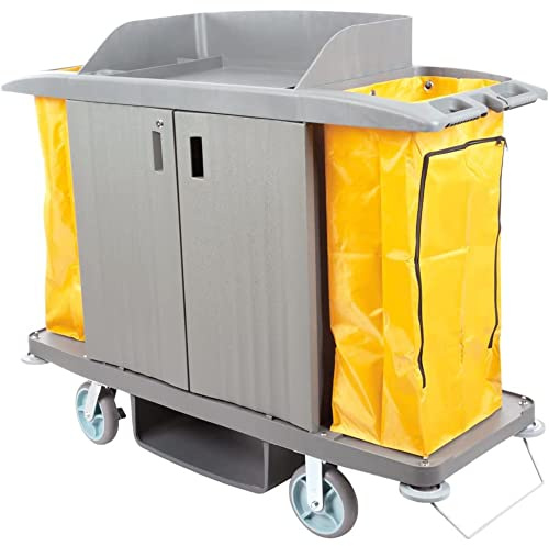 Large Locking Three-Shelf Commercial Premium Housekeeping Cart With Hanging Bags for Lodging Hotel - Janitor Cleaning Cart on Wheels