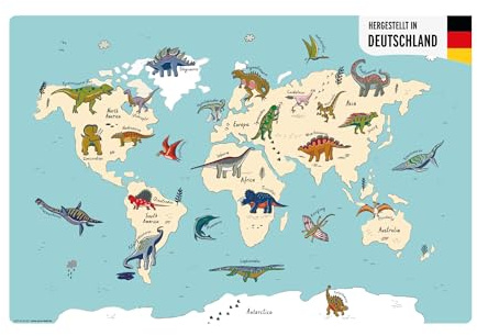Schreibtischunterlage für Kinder – “Dinosaurier Weltkarte“ – aus premium Vinyl (Kunststoff -BPA frei) – 60 x 40 cm – Made in Germany