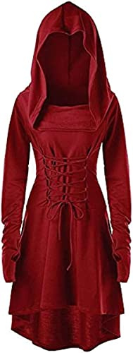 chuangminghangqi Renaissance Kostüm Damen Robe zum Schnüren Mittelalter Kleid mit Kapuze Langarm Retro Gothic Cosplay Halloween Karneval (XXL, Rot)