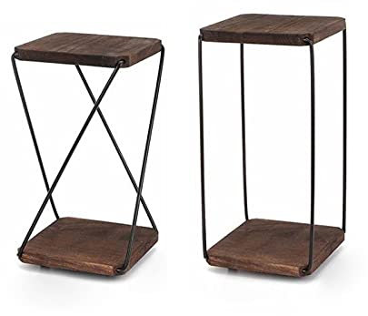 Pflanzenständer 2 Ebenen Eisenständer Metall Pflanzenregale Blumentopf Lagerregal Holzhalter Outdoor Indoor Gartendekoration (Bruin)