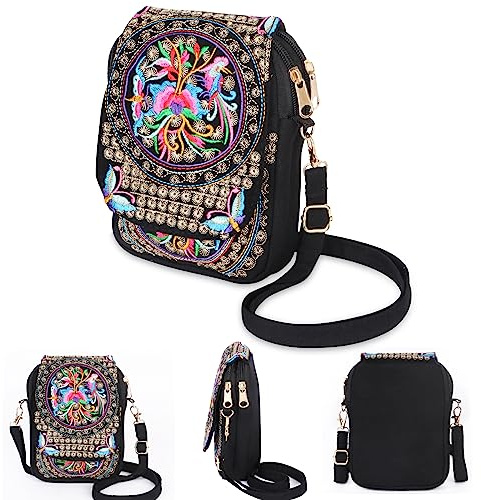 Women Small Shoulder Bag Girls Floral Crossbody Bag Cotton Mobile Phone Bag, Ethnic Embroidered Shoulder Bag Multi-Layered Wallet For Shopping Travel Dog Walking Beach