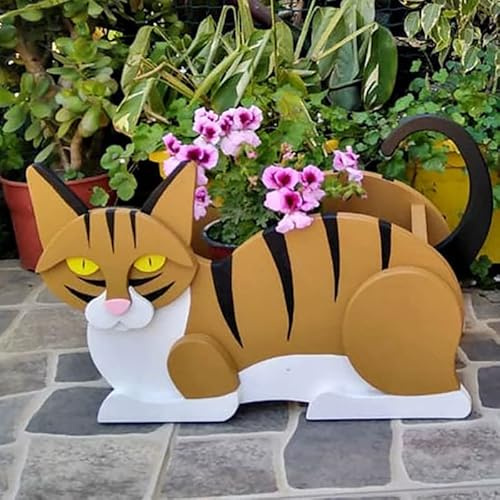SUREH Katzen-Pflanzgefäß, Blumentopf, Niedlicher Tierform-Pflanzkasten aus Holz, Pflanzkisten für Den Außenbereich, Erhöht, Rechteckig, Pflanzgefäß für Pflanzenbehälter Im Freien,(Orange Weiß)