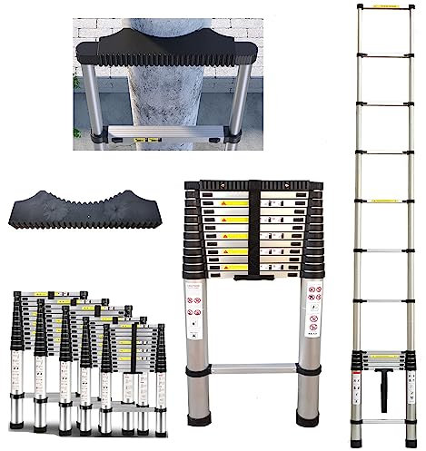 Hooha Klappleiter Auszugsleiter Aluminium 3,9m/5,1m/6,3m mit Anti-rutsch Gummipuffer, Teleskopleiter Extension Ladder 150kg Belastung EN131