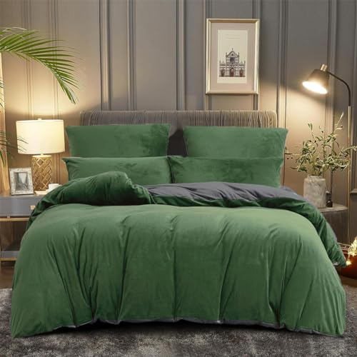 DXHOME Bettwäsche 155x220cm Grün Olivgrün Grau Plüsch Flauschig Flanell Biber Warme Winter Weiche Kuschelige Wendebettwäsche Bettbezug mit Reißverschluss und 2 Kissenbezüge 80 x 80cm