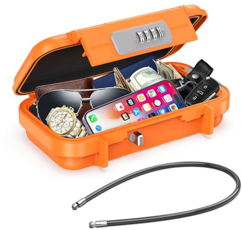 AMIR Portable Combination Lock Box, Security Case Lock Box with Code, Waterproof Anti-Theft Mini Travel Safe Box with Removable Chain, Portable Lock Box for Dorm Beach Hotel