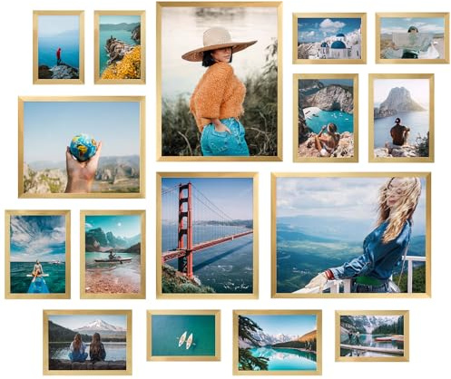 Giftgarden 16 Pack Gold Picture Frames for Multi Sizes Photos, Assorted Set Including Two 11x14, Two 8x10, Six 5x7, Six 4x6, Gallery Collage Frame for Wall or Tabletop Display
