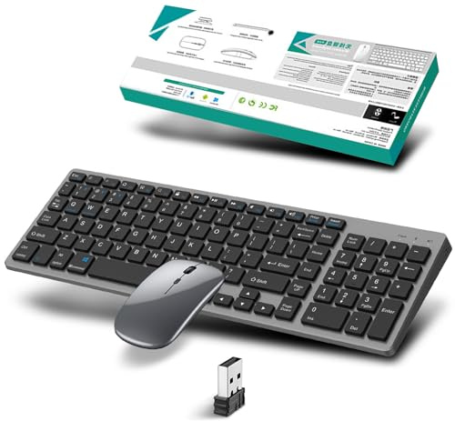 Conjuntos de teclado inalámbrico de 2,4 GHz y Bluetooth, teclado y ratón inalámbricos con baterías recargables, teclado ultrafino con teclado numérico para PC/Laptop/Mac,QWERTY,con ratón