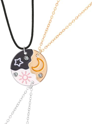 Freundschafts-Anhänger-Halsketten-Set Best Friends-Kette, BFF-Halskette,Freundschaftskette für 3 Mädchen, Halskette Damen Silber Freundschaftskette,Sonne Sternen Mond Halskette Lang für Frauen-Farbig