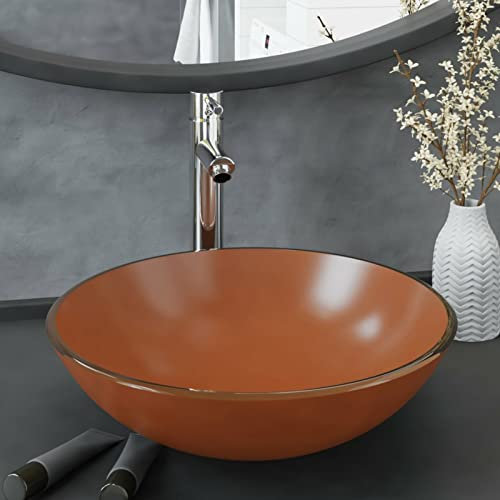 Rantry Waschbecken mit Wasserhahn und Push-Ablauf Braun gehärtetes Glas, Aufsatzwaschbecken, Gefäßspüle für WC, Waschtischunterschrank, Waschbecken für kleine Garderobe 1085 Badezimmerbecken