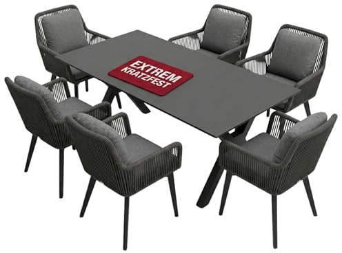MR. DEKO Gartenmöbelset Marbella Granada Dark Grey Aluminium | Gartenmöbelset 7-teilig 6 x Diningsessel & 1 x Tisch 200x90 cm| Outdoormöbel Alurahmen & Auflagekissen Rope | Wetterfeste Sitzgruppe