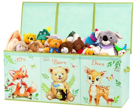 Grande Boîte à Jouets avec Couvercle pour Enfants, Coffre de Rangement Pliable Oxford avec Poignée, Imperméable Anti-poussière Boîte de Rangement pour Filles Garçons, 96×32×40 cm (Trois Animaux)