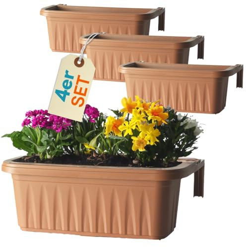 GarPet 4er Set Blumenkasten Balkongeländer Balkon Blumenkasten Balkonkasten mit Halterung Balkonkasten Geländerkasten mit Wasserspeicher 50 cm Terrakotta