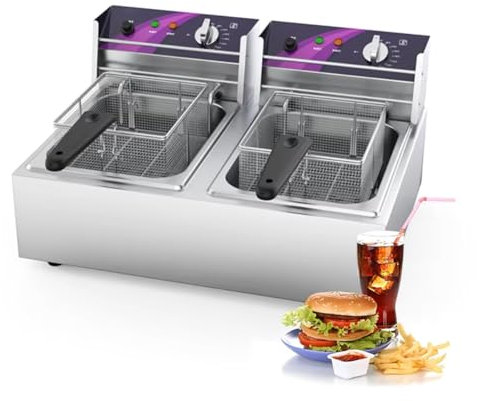 Friggitrice commerciale, friggitrice elettrica a vasca singola/doppia da 10 l con cestelli, grande capacità, comandi indipendenti, friggitrice da ristorante in acciaio inossidabile per patatine(10+10L