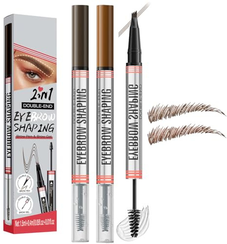 Two-In-One Eyebrow Shaping Gel Pens, 4-Prong Tip, Brown Shades, 2-Pack | Dual-Ended Design, 1.5 ml Colour And 0.4 ml Brow Gel Per Pen, Spoolie Brushes Arrange Hairs During Daily Make-Up Routine