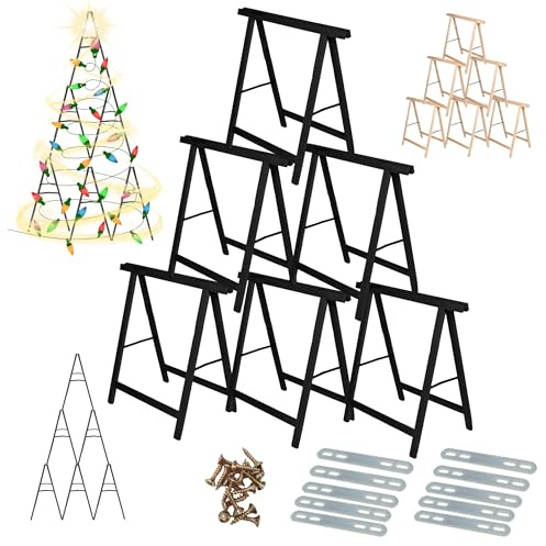 MODO24 Sägebock Holzbock, Klappbock Arbeitsbock, 6er-Set inklusive Montageteile, DIY Weihnachtsbaum, Tannenbaum SET, Tapezierbock Montagebock Unterstellbock, Baum Abmessungen 215x130x73 cm, Schwarz
