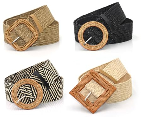 Anlising 4PCS Flätat Elastiskt Bälte, Halmvävt Elastiskt Bälte, Halm Dambälte, Stråbälte Brett Tyg Bälte, Flätbälte Kvinnor Hög Midja, För Jeans, Klänning, Som på bilden, Come Mostrato nella Foto