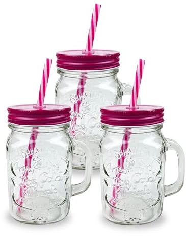 AIBULO 3 Pack 500ml Pink Mason Jars with Lids and Straws – Stylish Glass Drinking Jars for Smoothies, Iced Coffee, Bubble Tea, Juices, Cocktails – Reusable Wide-Mouth Mason Jars