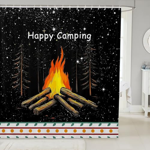 Loussiesd Camping Duschvorhang 180x180cm Lagerfeuer Duschvorhang Camper Zubehör für Reiseanhänger Duschvorhang Textil Camper Duschvorhang Pitch-Schwarz