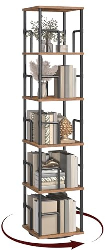 MAHANCRIS Libreria Girevole a 5 Livelli, Scaffale Angolare Indipendente, 360°, Stile Industriale, con Protezioni, per Soggiorno, Camera da Letto, Studio, Ufficio, Marrone Vintage e Nero ABKHR1601