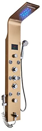 Panneau de douche, LED Salle De Bains Panneau De Douche 6 Modes Intelligent LCD Colonne De Douche Rose Or Pluie Cascade Systèmes De Bain Avec Massage Jet Mitigeur(Golden 8009)