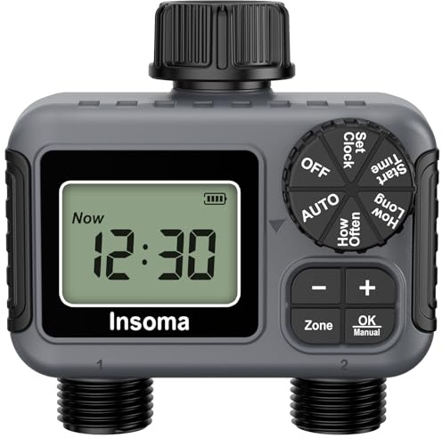 Insoma 2-Zone Sprinkler Timer, Programmable Garden Hose Timer with Auto/Manual/Rain Delay Modes | Water-Saving Irrigation Controller for Lawn, Yard & Drip Systems | Waterproof Design & Easy Setup