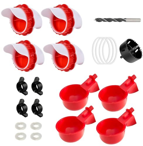 4 Stück Futterautomat Hühner mit 4 Stück Automatische Hühnertränke, Ohne Abfall Hühner Futterspender DIY Rattensicher Hühnerfutter Automat Geflügeltränke für Ente Gans Pute Taube