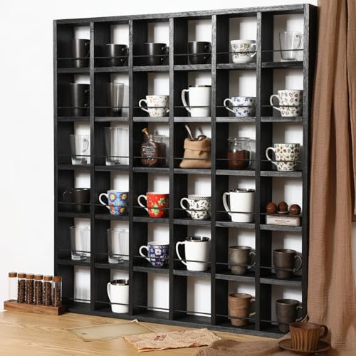 Kigley Oversize Coffee Mug Display Rack Wooden Shelves Rustic Shot Glass Display Case Travel Mug Shelf Wall Mounted Rack Holder Shadow Box (6 x 6,Black)