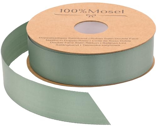 100 % Mosel satinband, eukalyptusgrönt (25 mm x 25 m), matt glänsande presentband, elegant band för dekoration och hantverk, för inpackning av specialgåvor, för bröllop, dop etc.
