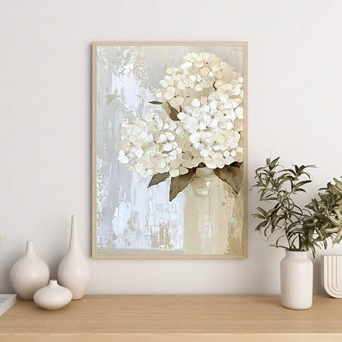 CHAOJIART Weiße Hortensien, gedämpftes Vintage-Wandbild, botanisches Bild, Leinwandgemälde, neutraler Ton, Dekor für Schlafzimmer und Wohnzimmer (50 x 70/rahmenlos)