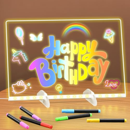 BlueSwan LED Drawing Board for Kids, Acrylic Glow Note Board with 7 Color Light Modes, Complete Kit with 12 Pens, Stand & Hanging Chain, 30x20cm Doodle Glow Message Board, Home School Cafe Party