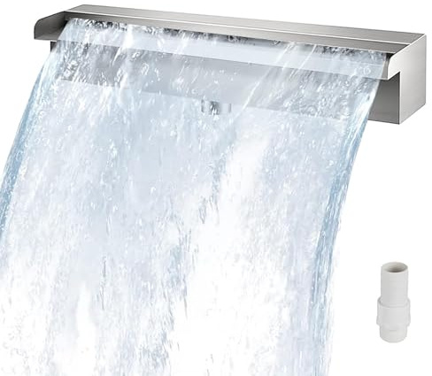 Cascata per Piscina in Acciaio Inox, Fontana Rettangolare con Raccordo per Tubi per Giardino, laghetto, Spa e Sorgente termale - Flusso d'Acqua da 30 cm/11,8 Pollici