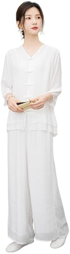 CHUIKUAJ Ropa de Meditación Zen para Mujer, Estilo étnico Tradicional, Traje de Tai Chi, Ropa de Kung Fu de Lino y Algodón de Tencel, Camisa Tres Cuartos y Pantalones (White, L)