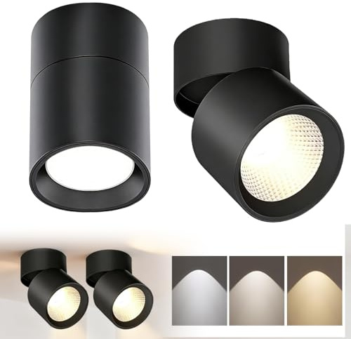 2 Stück LED Aufbauspot, Schwenkbar 350°Drehbar Ø78×100mm 3 Farben Deckenspots Schwarz Aufbaustrahler Flach 7W COB Leuchtmittel Deckenstrahler Aufbauleuchte Deckenleuchte Aufputz 230V 3000K/4000K/6000K